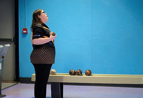 SHANNON VANRAES / WINNIPEG FREE PRESS
Special Olympics Team Manitoba five-pin bowler, Christine Hoffman, looks up to check her score at Billy Mosienko Lanes in Winnipeg on February 5, 2020.