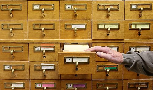 SHANNON VANRAES / WINNIPEG FREE PRESS
Index cards once held the key to vast amounts of information at Manitoba Genealogical Society's Winnipeg Office. Today, most information has been digitized. The index card boxes were photographed on February 5, 2020.