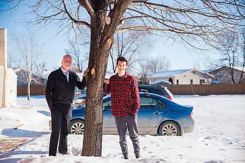 MIKAELA MACKENZIE / WINNIPEG FREE PRESS

Reverend Gordon Taylor (left) and Aiden Gauthier pose for a photo outside of the United Church of Meadowood in Winnipeg on Friday, Feb. 7, 2020. The church is offering trees for purchase at wholesale prices to neighbourhood residents in order to address climate change and replace some trees damaged in the fall blizzard. For Brenda Suderman story.
Winnipeg Free Press 2019.