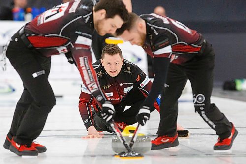MIKE DEAL / WINNIPEG FREE PRESS
Skip Jason Gunnlaugson during his teams match against Team Wiebe at Eric Coy Arena Friday morning on day three of the 2020 Viterra Curling Championship.
200207 - Friday, February 07, 2020.