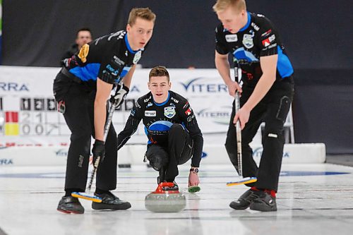 MIKE DEAL / WINNIPEG FREE PRESS
Skip Ryan Wiebe during his teams match against Team Gunnlaugson at Eric Coy Arena Friday morning on day three of the 2020 Viterra Curling Championship.
200207 - Friday, February 07, 2020.