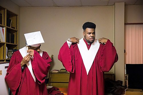 MIKAELA MACKENZIE / WINNIPEG FREE PRESS

Graduates Daniel Pembele (left) and Prince Busime get ready for the first-ever Freedom International School (a Christian private school for at-risk refugee students) graduation in Winnipeg on Friday, Feb. 7, 2020.  For Maggie Macintosh story.
Winnipeg Free Press 2019.