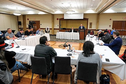 Daniel Crump / Winnipeg Free Press. Chief Eric Pashe of the Dakota Tipi First Nation speaks at a public event hosted by the Interlake Reserves Tribal Council regarding The Lake Manitoba-Lake St. Martin Channels Outlet Project. February 8, 2020.
