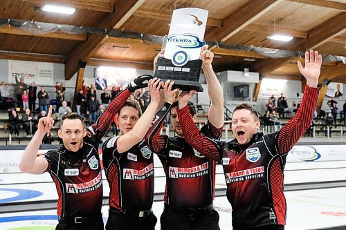 Daniel Crump / Winnipeg Free Press. Team Gunnlaugson raise the trophy after winning 2020 Viterra Championship at Eric Coy Arena. February 9, 2020.