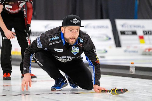 Daniel Crump / Winnipeg Free Press. Mike McEwen shouts directions after taking a shot during the 2020 Viterra Championship at Eric Coy Arena. February 9, 2020.