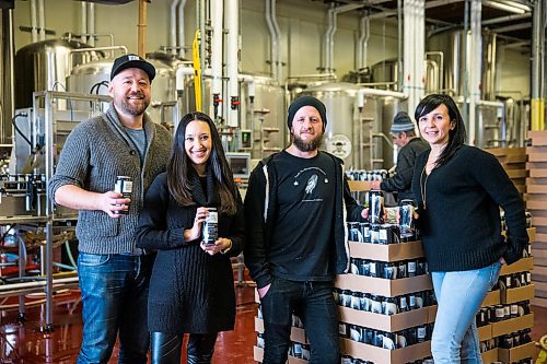 MIKAELA MACKENZIE / WINNIPEG FREE PRESS

Husband-and-wife team Jenna Khan (left) and Brad Chute, brewer Perry Joyal, and artist Kal Barteski pose with the new Arctic Stout at Torque Brewing Co in Winnipeg on Monday, Feb. 10, 2020. The special edition beer is part of Blank Canvas Beer Co., which brings artists and brewers together. For Ben MacPhee-Sigurdson story.
Winnipeg Free Press 2019.