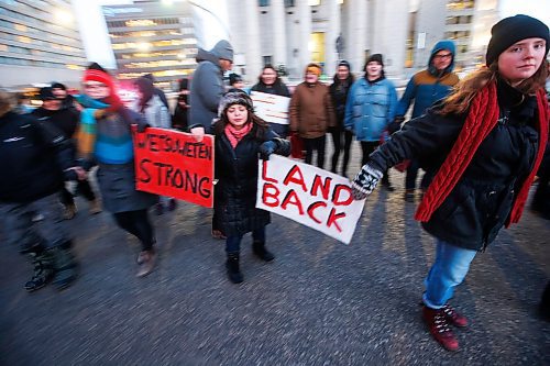 JOHN WOODS / WINNIPEG FREE PRESS
People from different indigenous, environmental, and social justice organizations gather at Portage and Main and other locations in downtown Winnipeg to shut down traffic in solidarity with Wetsuweten in BC Monday, February 10, 2020. 

Reporter: Kevin