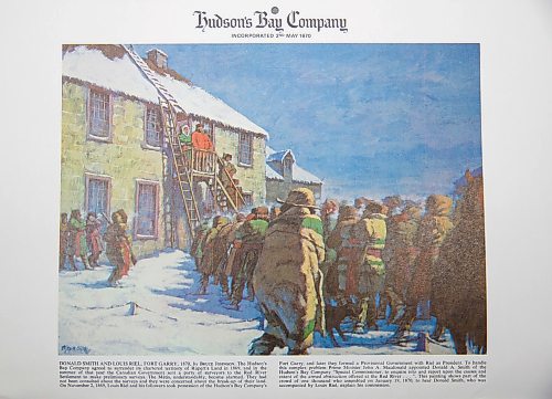 HBC Archives
1969 Hudson's Bay Company calendar
On November 2, 1869, Louis Riel and his followers took possession of the Hudson s Bay Companys Upper Fort Garry, and later they formed a Provisional Government with Riel as President.  To handle this complex problem Prime Minister John A. Madonald appointed Donald A. Smith of the Hudsons Bay Company Special Commissioner, to enquire into and report upon the causes and extent of the armed obstruction offered at the Red River  This painting shows part of the crowd of 1,000 who assembled on January 19, 1870, to hear Donald Smith, who was accompanied by Louis Riel, explain his commission. winnipeg
