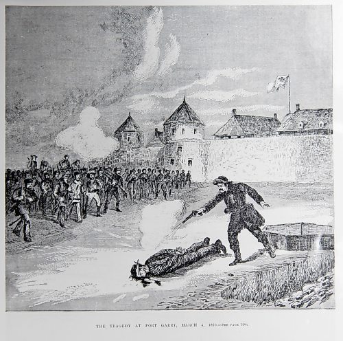 HBC Archives
53A57
March 4, 1870
The killing of Thomas Scott outside the walls of Upper Fort Garry. The place of his burial has long been a mystery. A new report states that it was in the middle of the trail, parallel to the east wall, outside the postern gate, just south of the present Hudson's Bay House. This photograph of the illustration came from the "Canadian Illustrated News", April 23, 1870, p. 385.