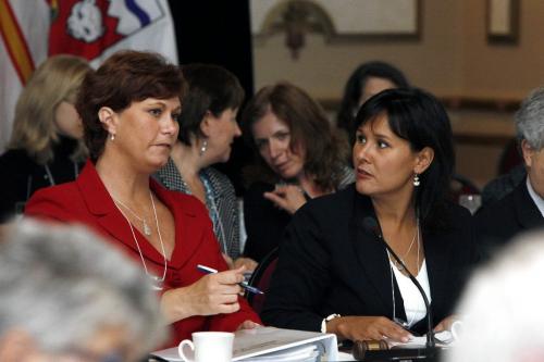 MIKE.DEAL@FREEPRESS.MB.CA 090917 September 17, 2009 (Winnipeg) -  Federal Health Minister Leona Aglukkaq (right) sits with Manitoba's Minister of Health Theresa Oswald before a meeting with all the provincial health ministers in Winnipeg, Manitoba. WINNIPEG FREE PRESS