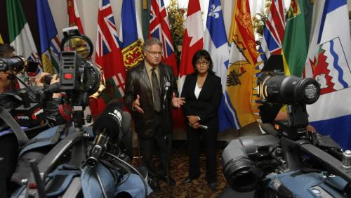 MIKE.DEAL@FREEPRESS.MB.CA 090917 September 17, 2009 (Winnipeg) -  Federal Health Minister Leona Aglukkaq takes questions from the media with Dr. David Butler-Jones, Canada's Chief Public Health Officer. WINNIPEG FREE PRESS