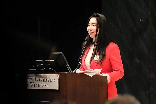 Daniel Crump / Winnipeg Free Press. Jennifer Chen, Member and WSD Trustee and Vice Chair of Newcomer Education Coalition, speaks during a presentation about educational approaches for older refugee youth with interrupted schooling at Eckhardt-Gramatté Hall at the University of Winnipeg. February 12, 2020.