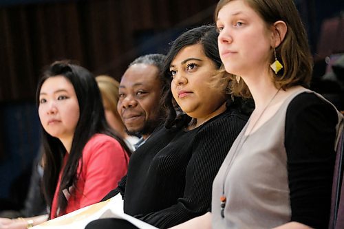 Daniel Crump / Winnipeg Free Press. Kathleen Vyrauen (middle right), chair of the Newcomer Education Coalition, listens during a presentation about educational approaches for older refugee youth with interrupted schooling at Eckhardt-Gramatté Hall at the University of Winnipeg. February 12, 2020.