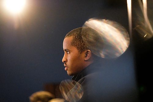 Daniel Crump / Winnipeg Free Press. Abdikarim Abdi, of Peaceful Village, listens during a presentation about educational approaches for older refugee youth with interrupted schooling at Eckhardt-Gramatté Hall at the University of Winnipeg. February 12, 2020.