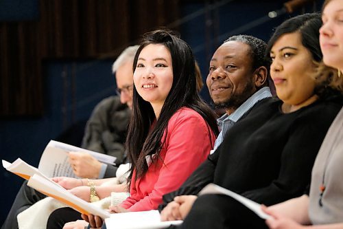 Daniel Crump / Winnipeg Free Press. Jennifer Chen (left), Member and WSD Trustee and Vice Chair of Newcomer Education Coalition, listens during a presentation about educational approaches for older refugee youth with interrupted schooling at Eckhardt-Gramatté Hall at the University of Winnipeg. February 12, 2020.