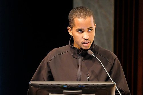 Daniel Crump / Winnipeg Free Press. Abdikarim Abdi, of Peaceful Village, speaks from youth perspective during a presentation about educational approaches for older refugee youth with interrupted schooling at Eckhardt-Gramatté Hall at the University of Winnipeg. February 12, 2020.