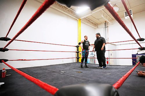 JOHN WOODS / WINNIPEG FREE PRESS
Wrestlers AJ Larocque, right, aka AJ Sanchez and George Hudson, aka Dash Royal, talk during train Wednesday, February 12, 2020. Wrestling involves artistry, performance and storytelling.

Reporter: Koncan