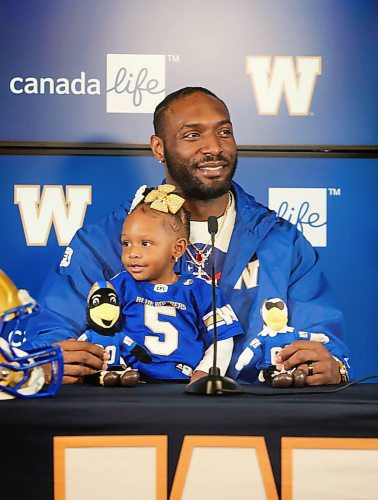 RUTH BONNEVILLE  /  WINNIPEG FREE PRESS 


SPORTS -  Blue Willie Jefferson

Blue Bombers #5, Willie Jefferson, answers questions from the media about signing on with the Bombers for another 2 years at IG Field Thursday.   His daughter, 22-month-old Kelley, poses for a photo with her dad at the end of presser.  


Feb 13th,, 2020
