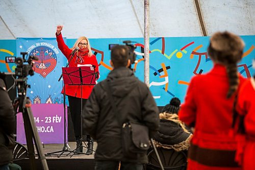 MIKAELA MACKENZIE / WINNIPEG FREE PRESS

Rochelle Squires, minister of municipal relations & Francophone affairs, raises her fist with a "he ho" at the Festival du Voyageur press conference kickoff at in Winnipeg on Thursday, Feb. 13, 2020. For Ben Waldman (?) story.
Winnipeg Free Press 2019.