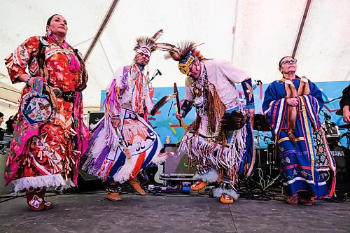 Daniel Crump / Winnipeg Free Press. Indigenous dancers including Rachel CrowSpreadingWings, Waylon Mousseau, Ozaawizhibhinas Mousseau and Denise Mousseau, perform during a presentation of the lineup of Celebrate 150 applicants selected for funding through Manitoba 150 at Festival du Voyageur Park. February 14, 2020.