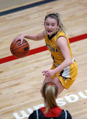 SHANNON VANRAES / WINNIPEG FREE PRESS
Lauren Bartlett of the University of Manitoba Bisons dribbles the ball during a Canada West Play-In Game against the University of Winnipeg Wesmen at the Duckworth Centre on February 14, 2020.