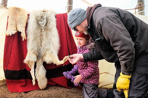 Daniel Crump / Winnipeg Free Press. Matt Hoffman (right) showss his six-year-old daughter Anika Hoffman (left) a coyote fur at Festival du Voyageur on Saturday. February 15, 2020.