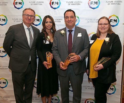 JASON HALSTEAD / WINNIPEG FREE PRESS

From left, event emcee Richard Cloutier (Global News/CJOB), with award-winners Sara Usman, Rob Tétrault and Whitney Hodgins at the Future Leaders of Manitoba's 12th annual awards ceremony on Jan. 30, 2020, at the Fort Garry Hotel. (See Social Page)