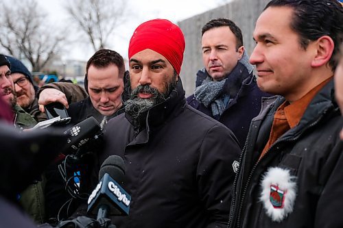 Daniel Crump / Winnipeg Free Press. Federal NDP Leader Jagmeet Singh (middle) and Provincial NDP Leader Wab Kinew (right) field questions from the media at Festival du Voyageur on Monday. February 17, 2020.