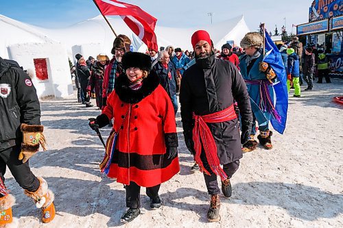 Daniel Crump / Winnipeg Free Press. NDP Leader Jagmeet Singh (right) and Paulette Dugauy (left) lead the Metis parade at Festival du Voyageur to celebrate Louis Riel Day. February 17, 2020.