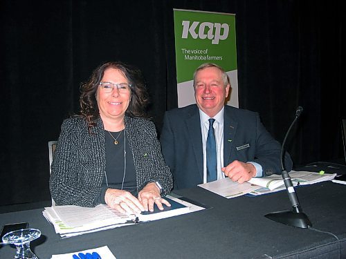 Canstar Community News Feb. 5,2020 - (From left) Keystone Agricultural Producers vice-president Jill Verwey, who farms with her famiy near Portage la Paririoe, and president Bill Campbell are shown at KAP's annual general meeting in Winnipeg on Feb. 5. (ANDREA GEARY/CANSTAR COMMUNITY NEWS)