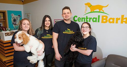 MIKE DEAL / WINNIPEG FREE PRESS
Central Bark at 1335 Portage Avenue is moving into the recently-closed Pet Traders next door which will give them about twice as much space.
(from left) Misty Twentyman, Kathleen Nielson and Terry Galatas co-owners of Central Bark, and Ryanna Comeau with a couple of the dogs they are looking after.
200218 - Tuesday, February 18, 2020.