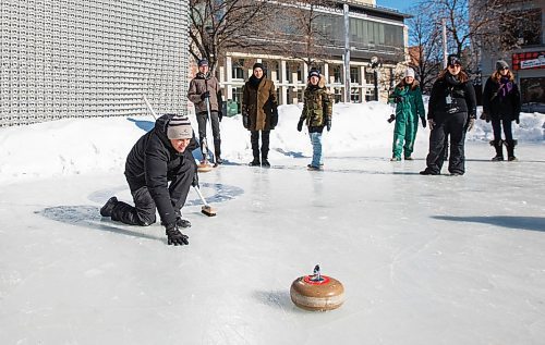 MIKE DEAL / WINNIPEG FREE PRESS
Mayor Brian Bowman and councillors Vivian Santos, John Orlikow, and Sherri Rollins battled it out Canadian winter prairie style in a friendly curling match against Exchange District BIZ Executive Director David Pensato and local business owners Chris Graves of The Kings Head, Amie Seier of Community Gym and Greg Tonn, owner of Into the Music, at the Old Market Square community rink.
200219 - Wednesday, February 19, 2020.
