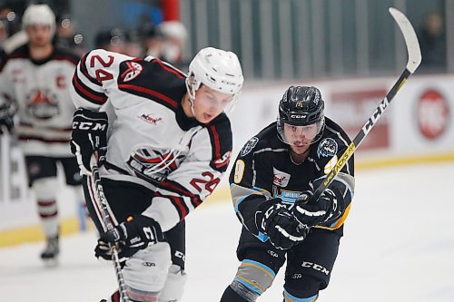 JOHN WOODS / WINNIPEG FREE PRESS
Mikol Sartor, right, of the Winnipeg Blues plays against the Virden Oil Capitals in their MJHL game at The Rink in Winnipeg Tuesday, February 18, 2020. 

Reporter: Sawatzky