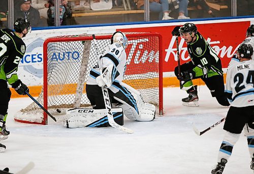 JOHN WOODS / WINNIPEG FREE PRESS
Edmonton Oil Kings Vladimir Alistrov (10) scores against Winnipeg Ice goaltender Liam Hughes (30) during second period WHL action in Winnipeg on Wednesday, February 19, 2020.