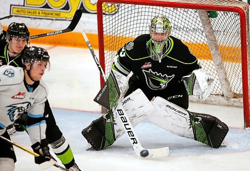 JOHN WOODS / WINNIPEG FREE PRESS
Edmonton Oil Kings goaltender Sebastien Cossa (33) plays against Winnipeg Ice during second period WHL action in Winnipeg on Wednesday, February 19, 2020.