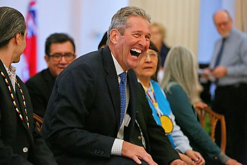 MIKE DEAL / WINNIPEG FREE PRESS
Premier Brian Pallister laughs prior to the start of the signing ceremony of a memorandum of understanding to formalize an agreement on the transfer of the provinces northern airports and marine operations to First Nations ownership and operation, Thursday morning in the Manitoba Legislative building. 
200220 - Thursday, February 20, 2020