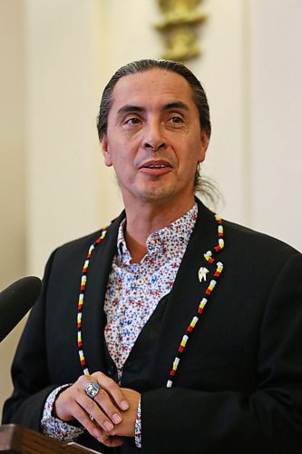 MIKE DEAL / WINNIPEG FREE PRESS
AMC Grand Chief Arlen Dumas during the signing ceremony of a memorandum of understanding to formalize an agreement on the transfer of the provinces northern airports and marine operations to First Nations ownership and operation, Thursday morning in the Manitoba Legislative building. 
200220 - Thursday, February 20, 2020