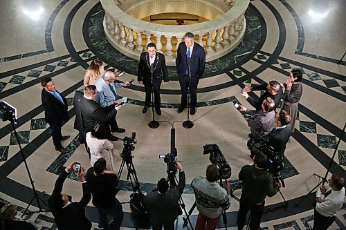 MIKE DEAL / WINNIPEG FREE PRESS
AMC Grand Chief Arlen Dumas and Premier Brian Pallister speak time the media after signing a memorandum of understanding to formalize an agreement on the transfer of the provinces northern airports and marine operations to First Nations ownership and operation, Thursday morning in the Manitoba Legislative building. 
200220 - Thursday, February 20, 2020