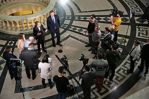 MIKE DEAL / WINNIPEG FREE PRESS
AMC Grand Chief Arlen Dumas and Premier Brian Pallister speak time the media after signing a memorandum of understanding to formalize an agreement on the transfer of the provinces northern airports and marine operations to First Nations ownership and operation, Thursday morning in the Manitoba Legislative building. 
200220 - Thursday, February 20, 2020