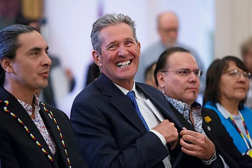 MIKE DEAL / WINNIPEG FREE PRESS
(From left) AMC Grand Chief Arlen Dumas, Premier Brian Pallister, Manitoba Keewatinowi Okimakanak Grand Chief Garrison Settee, and Mathias Colomb Cree Nation Chief Lorna Bighetty. 
Premier Brian Pallister laughs prior to the start of the signing ceremony of a memorandum of understanding to formalize discussions toward an agreement on the transfer of the provinces northern airports and marine operations to First Nations ownership and operation, Thursday morning in the Manitoba Legislative building.  
200220 - Thursday, February 20, 2020.