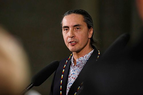 MIKE DEAL / WINNIPEG FREE PRESS
AMC Grand Chief Arlen Dumas talks to the media after signing a memorandum of understanding to formalize discussions toward an agreement on the transfer of the provinces northern airports and marine operations to First Nations ownership and operation, Thursday morning in the Manitoba Legislative building.  
200220 - Thursday, February 20, 2020.