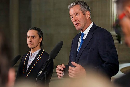 MIKE DEAL / WINNIPEG FREE PRESS
AMC Grand Chief Arlen Dumas and Premier Brian Pallister talks to the media after signing a memorandum of understanding to formalize discussions toward an agreement on the transfer of the provinces northern airports and marine operations to First Nations ownership and operation, Thursday morning in the Manitoba Legislative building.  
200220 - Thursday, February 20, 2020.