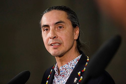 MIKE DEAL / WINNIPEG FREE PRESS
AMC Grand Chief Arlen Dumas talks to the media after signing a memorandum of understanding to formalize discussions toward an agreement on the transfer of the provinces northern airports and marine operations to First Nations ownership and operation, Thursday morning in the Manitoba Legislative building.  
200220 - Thursday, February 20, 2020.