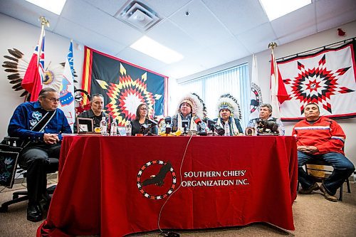 MIKAELA MACKENZIE / WINNIPEG FREE PRESS

Council member for Roseau River First Nation Terry Nelson (left), Sagkeeng First Nation Chief Derrick Henderson, Pine Creek First Nation Chief Karen Batson,  Grand Chief Jerry Daniels, Lake Manitoba First Nation Chief Cornell McLean, Keeseekoowenin First Nation Chief Norman Bone, and spiritual advisor to the SCO Grand Chief Kevin Bunn speak to media about the Wet'suwet'en blockades at the Southern Chiefs Organization office in Winnipeg on Friday, Feb. 21, 2020. For Sol story.
Winnipeg Free Press 2019.