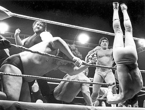 KEN GIGLIOTTI / WINNIPEG FREE PRESS

American Wrestling Association (AWA)
October 20, 1983

Jerry Blackwell is punching a downed Andre the Giant.
Jim Brunzell watches as another opponent flies over the ropes.