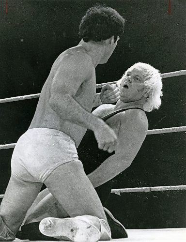DAVE JOHNSON / WINNIPEG FREE PRESS

American Wrestling Association

Greg Gagne warms up to the task at hand much to the dismay of Bobby Heenan during last night's professional wrestling card at Winnipeg Arena. Gagne found his opponent tough to handle, but prevailed by pinning Heenan in the end. 
September 5, 1980