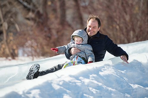 Mike Sudoma / Winnipeg Free Press
Ossian and his father David Giesbrecht go for a slide at The Forks Friday afternoon
February 16, 2020