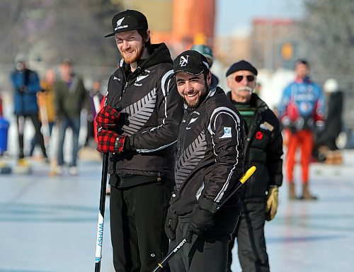JASON HALSTEAD / WINNIPEG FREE PRESS

From left, members of New Zealand's Sargon curling team, Benjamin Frew and Brett Sargon have a laugh at the 19th annual Ironman Outdoor Curling Bonspiel on Feb. 9, 2020 in Memorial Park. The team has been training in Manitoba since autumn. (See Social Page)