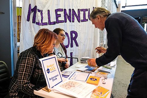 Daniel Crump / Winnipeg Free Press.¤(From left) Brianne Selman and Marika Prokosh, of the the Millennium For All group speak with George Reynolds (right) at the groups table in front of the Millennium Library. February 22, 2020.