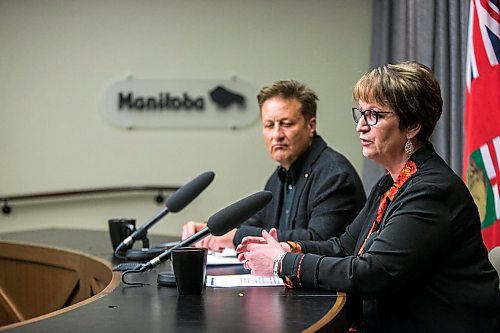 MIKAELA MACKENZIE / WINNIPEG FREE PRESS

Indigenous and northern relations minister Eileen Clarke and infrastructure minister Ron Schuler speak to media about Lake St. Martin outlet channel consultation at the Manitoba Legislative Building in Winnipeg on Monday, Feb. 24, 2020. For Larry story.
Winnipeg Free Press 2019.